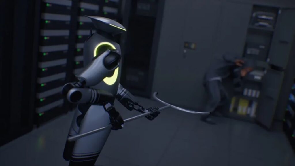 Image shows a GoMate security robot in a simulated scenario.