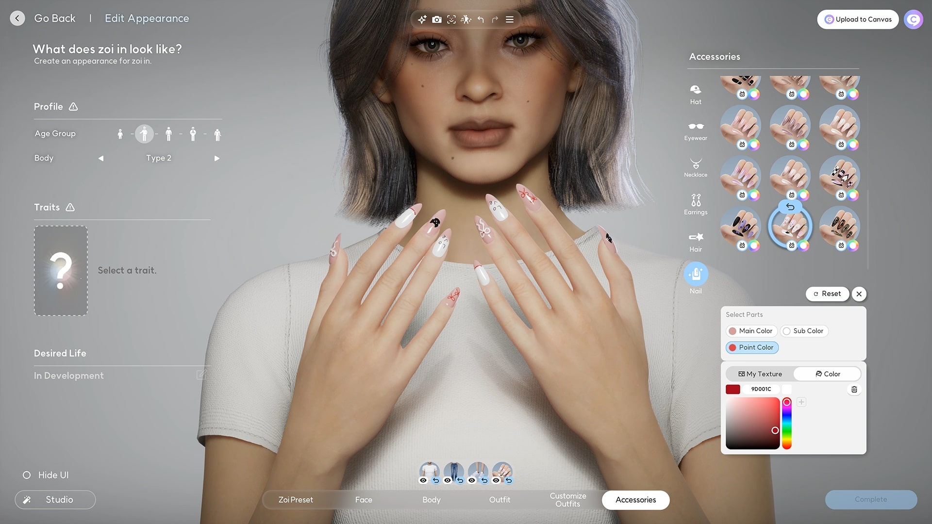 A character customization screen from InZoi, showing a female in-game character with styled nail art. The interface enables users to edit age group, body type, traits, and accessories such as nails, hair, and earrings. The character poses with hands raised to display manicure options.