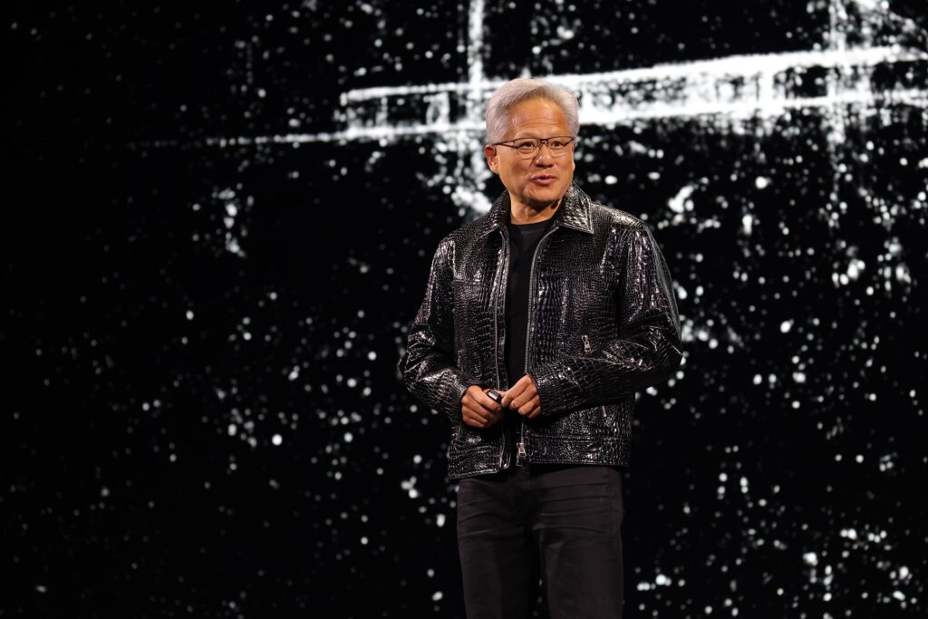 Photo of Nvidia CEO Jensen Huang speaking at CES 2025.
