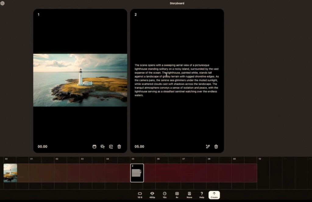 OpenAI's Sora will suggest a description of what to generate after a user uploads an input file, such as an image. Image displays a sample description generated by Sora after a lighthouse image was uploaded.