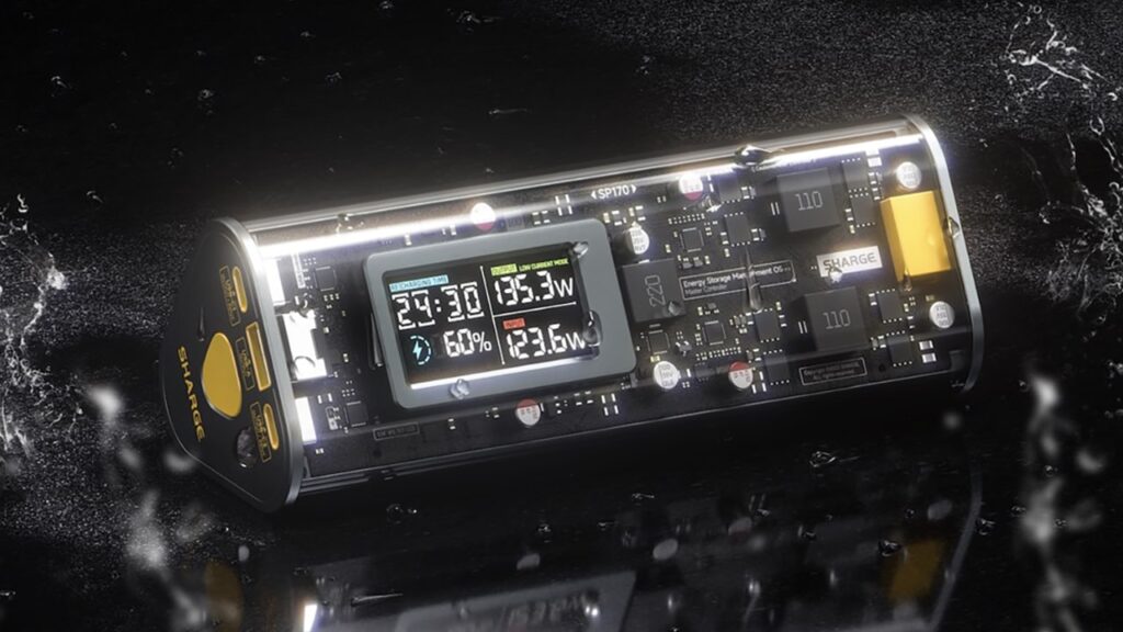 Image features the Shargeek 170, a power bank developed by Sharge, showcasing a translucent casing design.