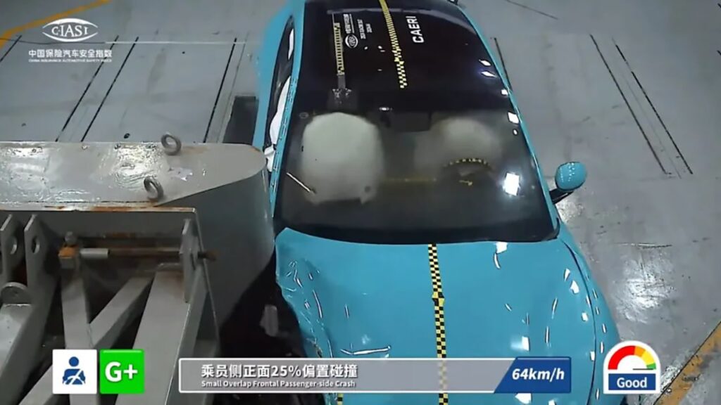 Image of a Xiaomi SU7 unit undergoing a crash test by the China Insurance Automotive Safety Index (C-IASI).
